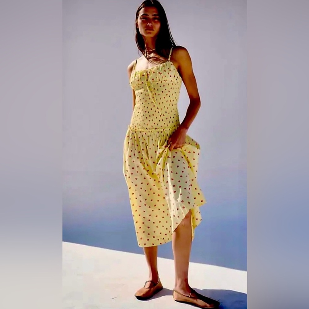 New! Free People Lavender Gaze Dress floral yellow cottagecore earthy S